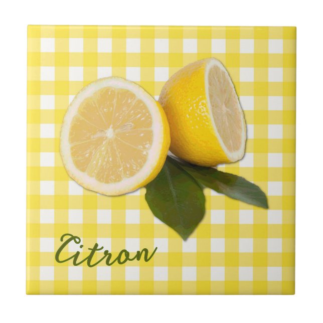 Yellow Gingham with Fresh Lemons Citrus Citron  Ceramic Tile (Front)