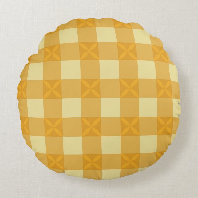 Yellow Gingham & Yellow Petals Round Pillow  (Front)