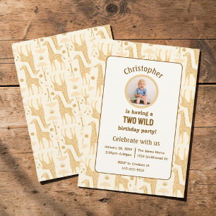 Yellow Giraffe Safari Wild One Photo Birthday Invitation