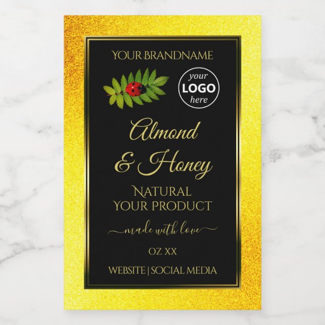 Yellow Glitter Black Product Labels Ladybug Logo (Single Label)