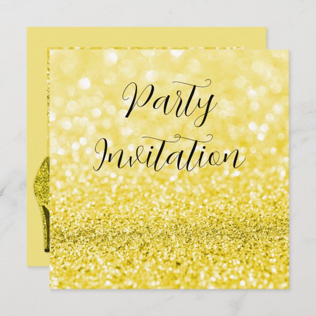 Yellow Glitter Bokeh & Stilettos Birthday Invitation (Front/Back)