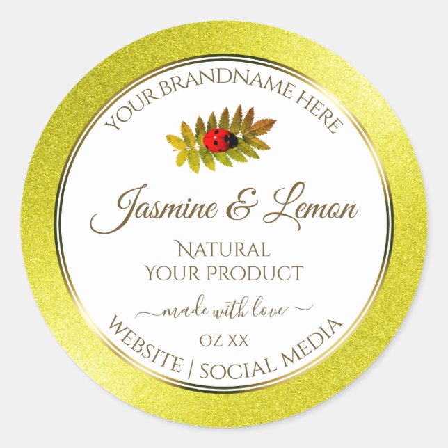 Yellow Glitter White Product Labels with Ladybug (Front)