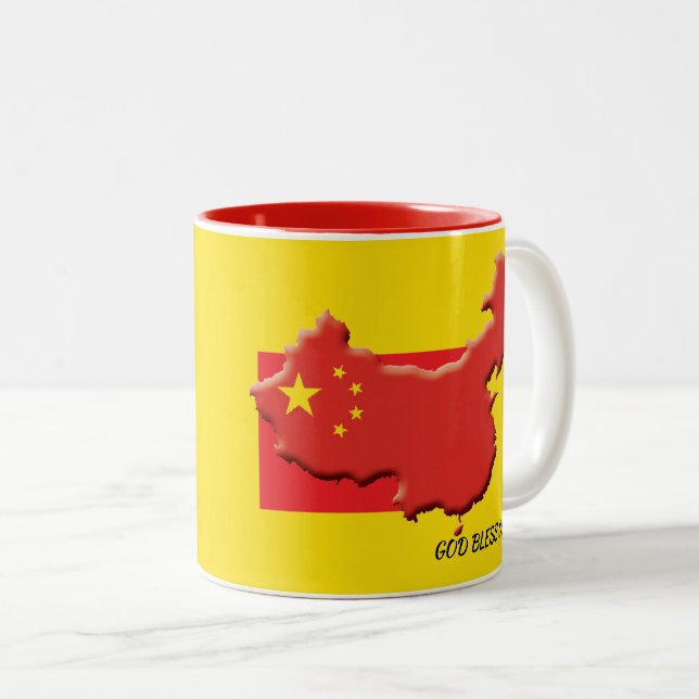 Yellow God Bless CHINESE FLAG Two-Tone Coffee Mug (Front Right)