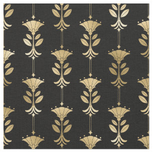 Yellow Gold and Black Art Deco Abstract Floral Fabric