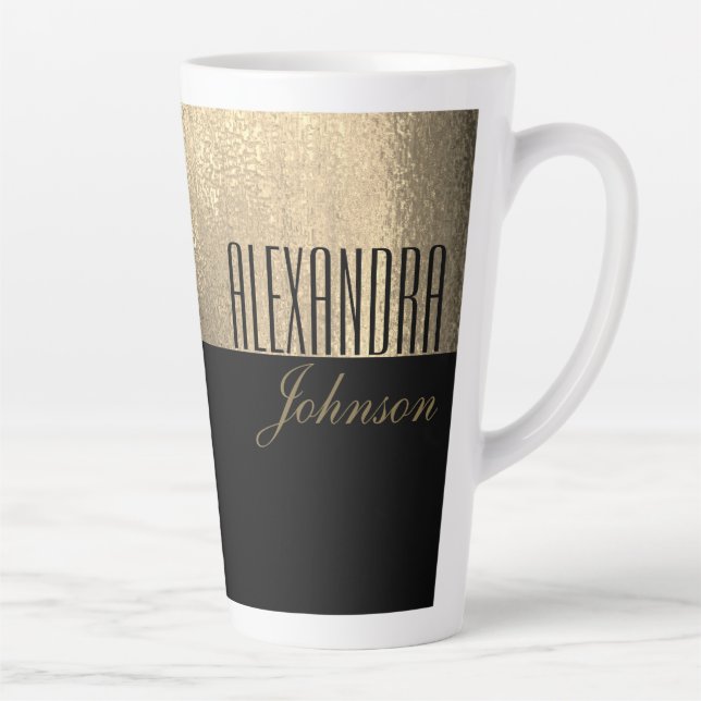 Yellow Gold and Black Luxury Modern Name Latte Mug (Right)