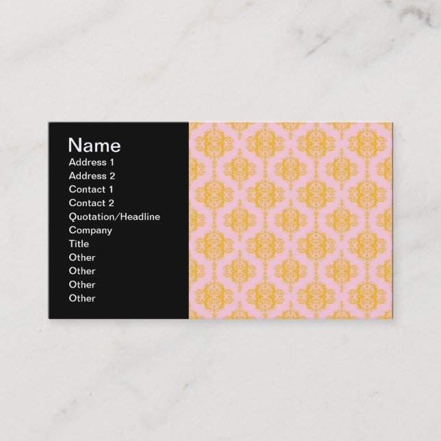 Yellow Gold and Pink Damask Pattern Business Card (Front)