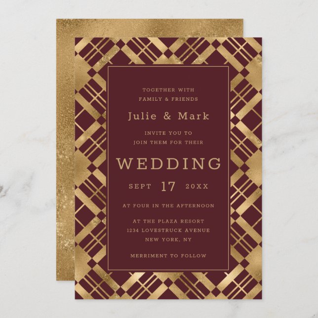 Yellow Gold & Any Colour Background Plaid Wedding Invitation (Front/Back)
