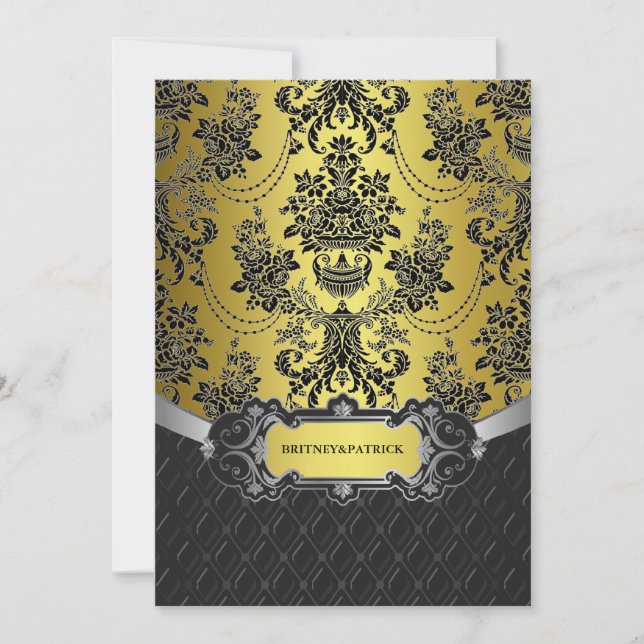 Yellow Gold & Black Damask Wedding Invitations (Front)