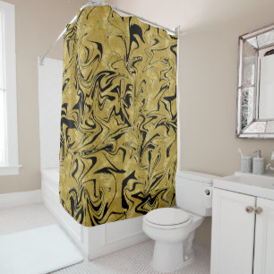 Yellow Gold & Black Elegant Glam Marble Swirl Shower Curtain