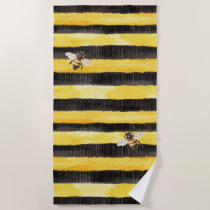 Yellow Gold Black Stripes Honey Bee  Beach Towel