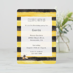 Yellow Gold Black Stripes Honey Bee Birthday Invitation