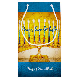 Yellow Gold Blue Hanukkah Menorah Peace Love Light Small Gift Bag