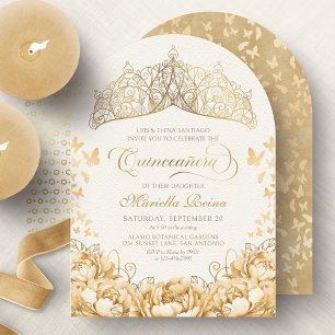 Yellow Gold Butterflies Floral Crown Quinceanera Invitation