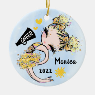 Yellow  Gold Cheerleader Girl Ornament Blonde Hair