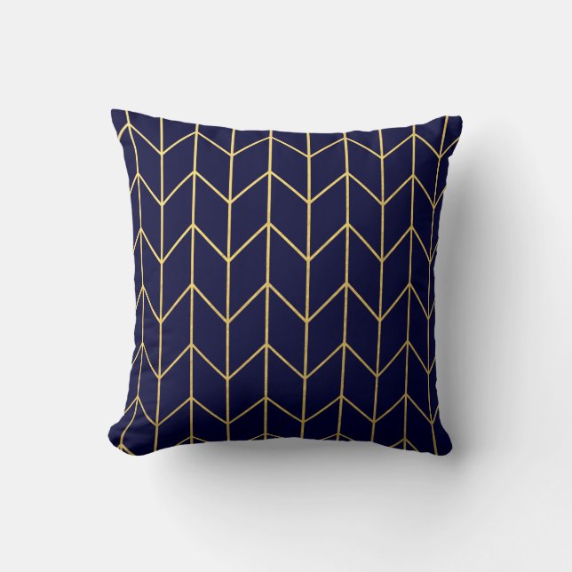 Yellow Gold Chevron Navy Blue Modern Chic Cushion (Front)