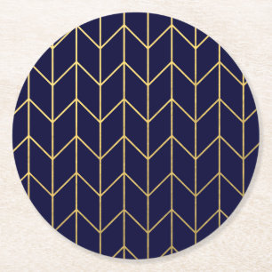 Yellow Gold Chevron Navy Blue Modern Chic Round Paper Coaster