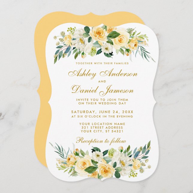 Yellow Gold Floral White Green Wedding Invitation (Front/Back)