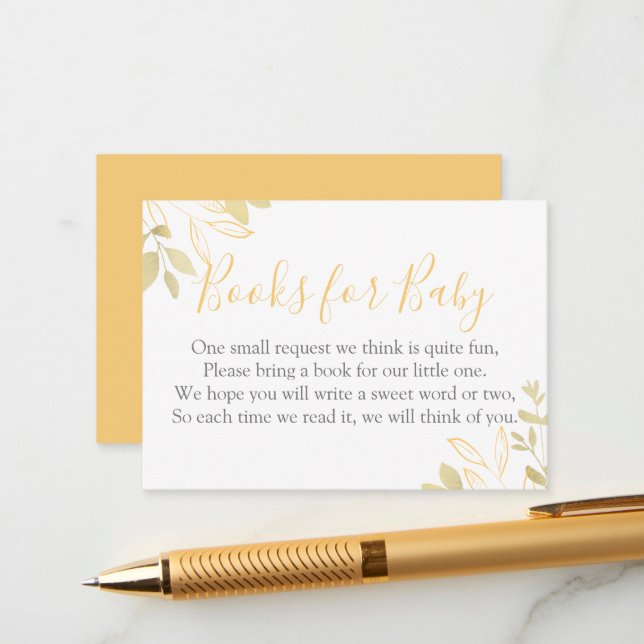 Yellow & Gold Foliage Baby Shower Book Request Enclosure Card (Front/Back In Situ)