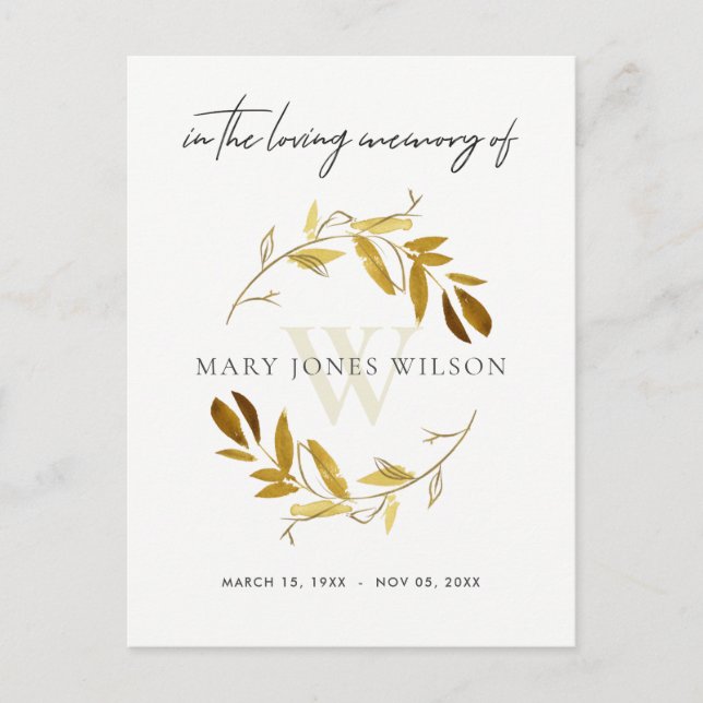 YELLOW GOLD FOLIAGE WREATH MEMORIAL THANK YOU INVITATION POSTCARD (Front)