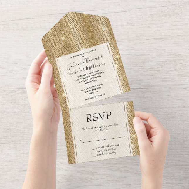 Yellow Gold Glam Glitter Deco All In One Invitation (Tearaway)