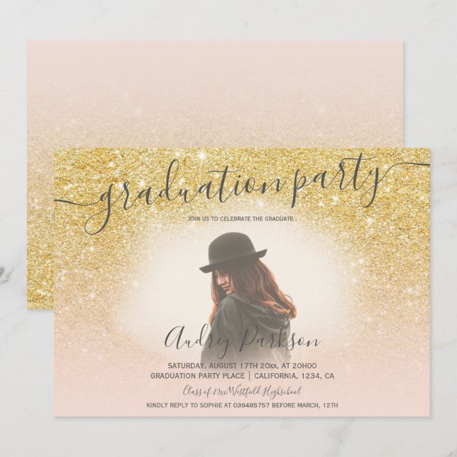 Yellow gold glitter blush pink photo graduation invitation (Front/Back)