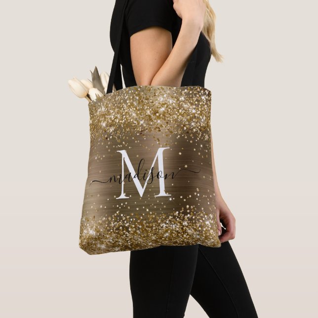 Yellow Gold Glitter Brushed Metal Monogram Script Tote Bag (Close Up)
