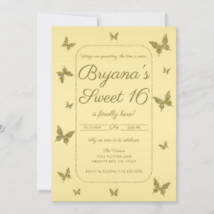 Yellow & Gold Glitter Butterfly Sweet 16 Party Invitation