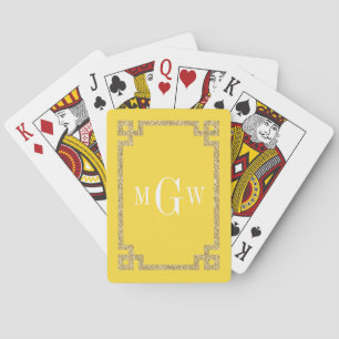 Yellow Gold Glitter Look Greek Key Frame Monogram Playing Cards