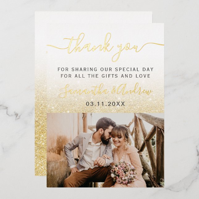 Yellow gold glitter white ombre script thank you (Front/Back)