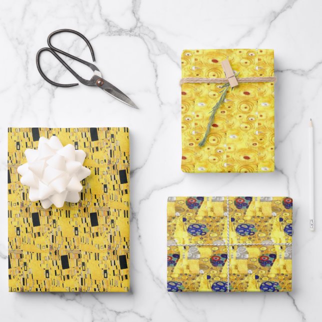 Yellow Gold Gustav Klimt Patterns Squares Ovals Wrapping Paper Sheet (Front)