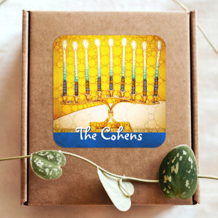 Yellow Gold Hanukkah Menorah Elegant Custom Name Square Sticker