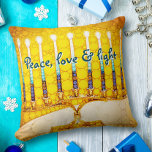 Yellow Gold Hanukkah Menorah Peace Love and Light  Cushion<br><div class="desc">“Peace, love & light.” A close-up photo of a bright, colourful, yellow and gold artsy menorah helps you usher in the holiday of Hanukkah in style. Feel the warmth and joy of the holiday season whenever you relax on this stunning, colourful Hanukkah throw pillow. Makes a striking set of four...</div>