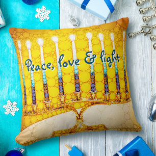 Yellow Gold Hanukkah Menorah Peace Love and Light  Cushion