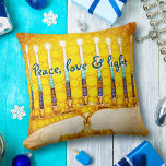 Yellow Gold Hanukkah Menorah Peace Love and Light  Cushion<br><div class="desc">“Peace, love & light.” A close-up photo of a bright, colourful, yellow and gold artsy menorah helps you usher in the holiday of Hanukkah in style. Feel the warmth and joy of the holiday season whenever you relax on this stunning, colourful Hanukkah throw pillow. Makes a striking set of four...</div>