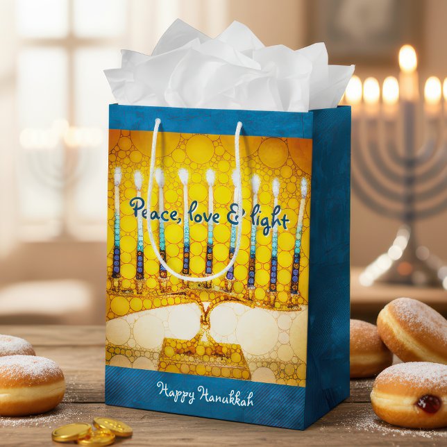 Yellow Gold Hanukkah Menorah Peace Love Light Bold Medium Gift Bag (Creator Uploaded)