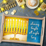 Yellow Gold Hanukkah Menorah Shining Bright Quote Serving Tray<br><div class="desc">“Shining bright all night long.” A close-up photo of a bright, colourful, yellow gold artsy menorah photo with teal accents helps you usher in the holiday of Hanukkah in style. Feel the warmth and joy of the holiday season whenever you use this stunning, colourful Hanukkah wooden serving tray. This serving...</div>
