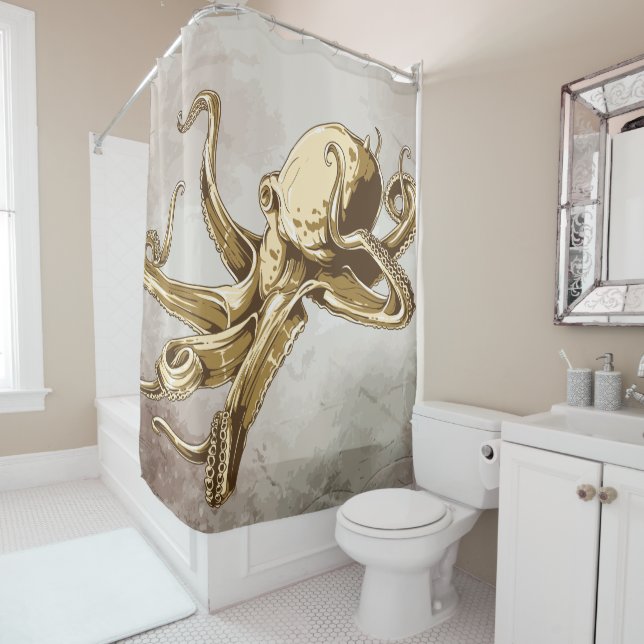 Yellow Gold Octopus on Watercolor Shower Curtain (In Situ)