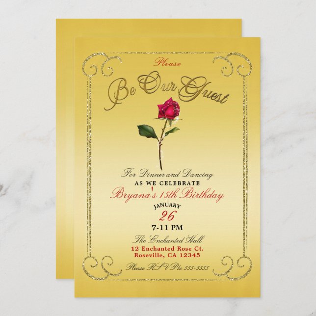 Yellow Gold Red Rose Beauty Birthday Party Invitation (Front/Back)