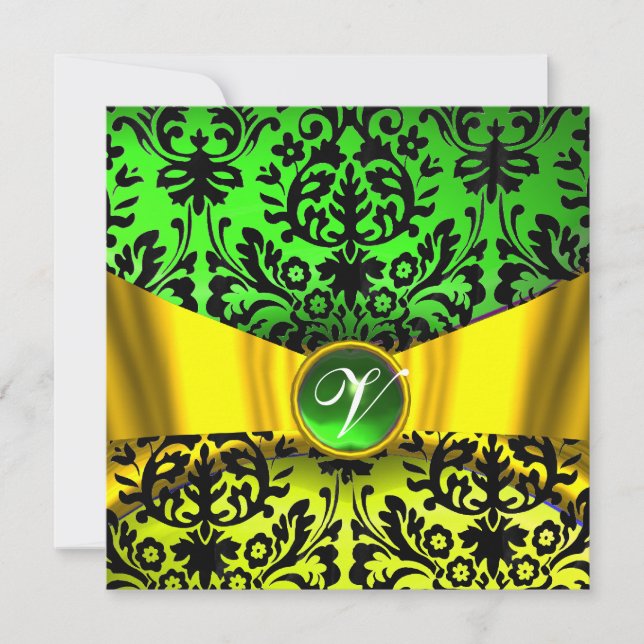 YELLOW GOLD RIBBON EMERALD BLACK DAMASK MONOGRAM INVITATION (Front)