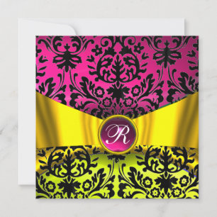 YELLOW GOLD RIBBON FUCHSIA BLACK DAMASK MONOGRAM INVITATION