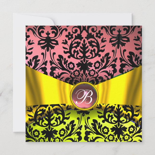 YELLOW GOLD RIBBON PINK BLACK DAMASK MONOGRAM INVITATION (Front)