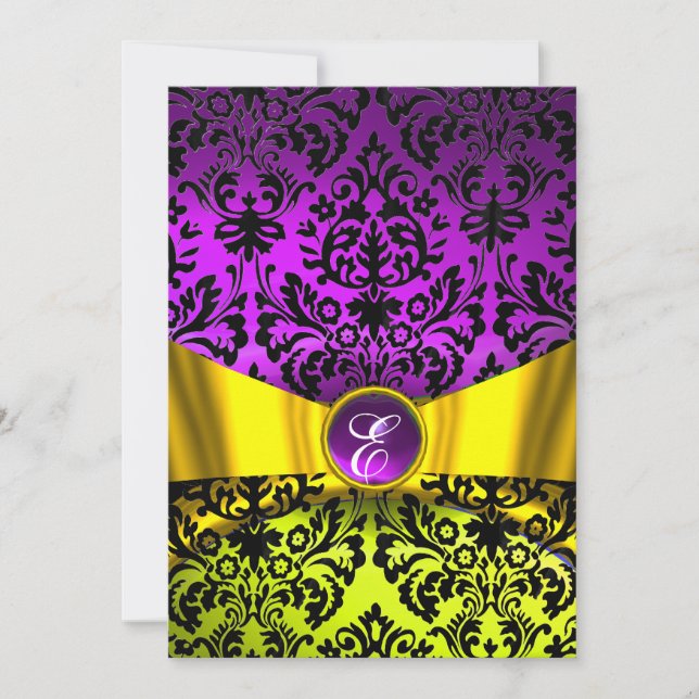 YELLOW GOLD RIBBON PURPLE BLACK DAMASK MONOGRAM INVITATION (Front)