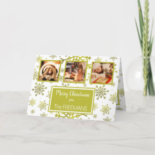 Yellow Gold Snowflake 3 Photo Collage Personalised Holiday Card