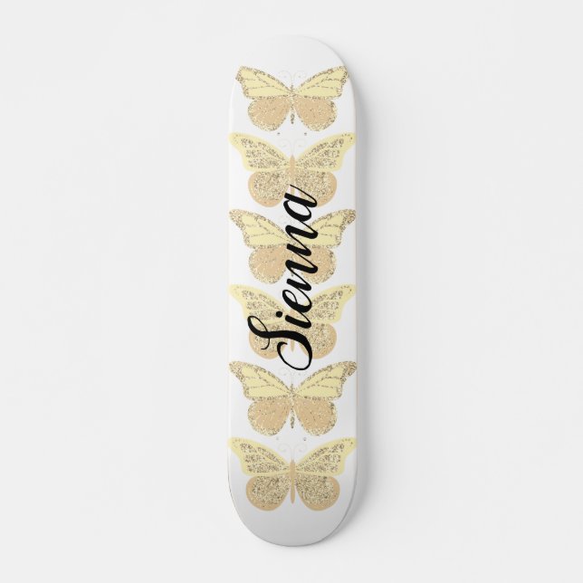 Yellow Gold Sparkle Butterflies Personalised Skateboard (Front)