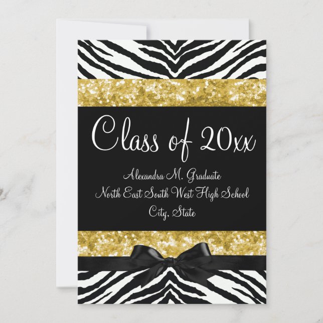 Yellow Gold Sparkle Zebra Bow Graduation Invite (Front)