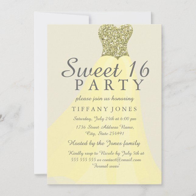 Yellow Gold Sparkling Glitter Gown Sweet 16 Invite (Front)