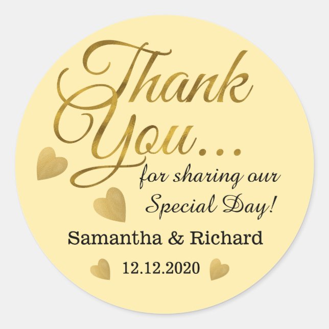 Yellow Gold Thank You Wedding Favour Classic Round Sticker (Front)