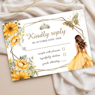 Yellow Gold Tiara Princess Floral Sweet 16 Rsvp Card