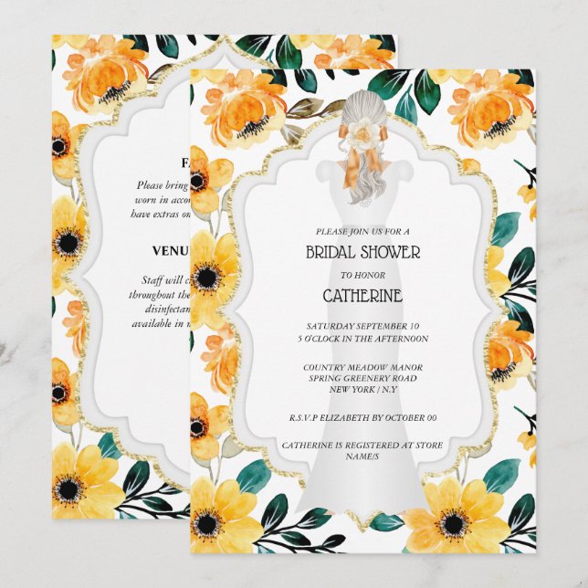 Yellow gold wedding dress bridal greenery grey invitation (Front/Back)