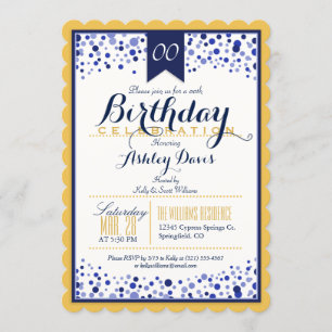 Yellow Gold, White, Navy Blue Birthday Party Invitation